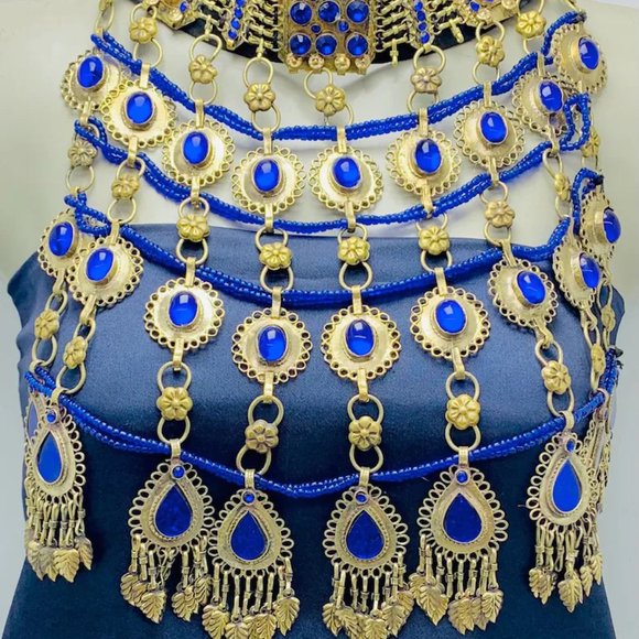 Blue Stones Necklace, Unique Oversized Necklace, Handmade Tribal Kuchi Boho - Picture 6 of 13